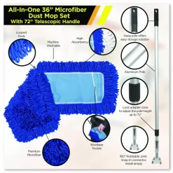 Gritt Commercial All-In-One Microfiber Dust Mop Set with Telescopic Handle, 36 x 5, Blue Microfiber Head, 72