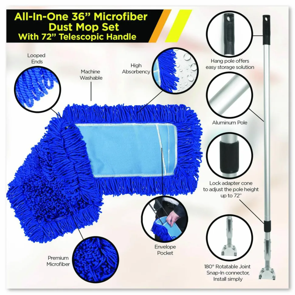 Gritt Commercial All-In-One Microfiber Dust Mop Set with Telescopic Handle, 36 x 5, Blue Microfiber Head, 72" Silver Aluminum Handle, 4/Kit