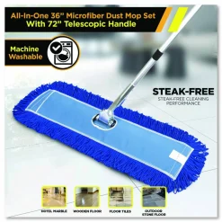 Gritt Commercial All-In-One Microfiber Dust Mop Set with Telescopic Handle, 36 x 5, Blue Microfiber Head, 72