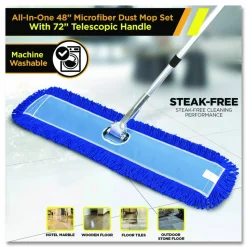 Gritt Commercial All-In-One Microfiber Dust Mop Set with Telescopic Handle, 48 x 5, Blue Microfiber Head, 72
