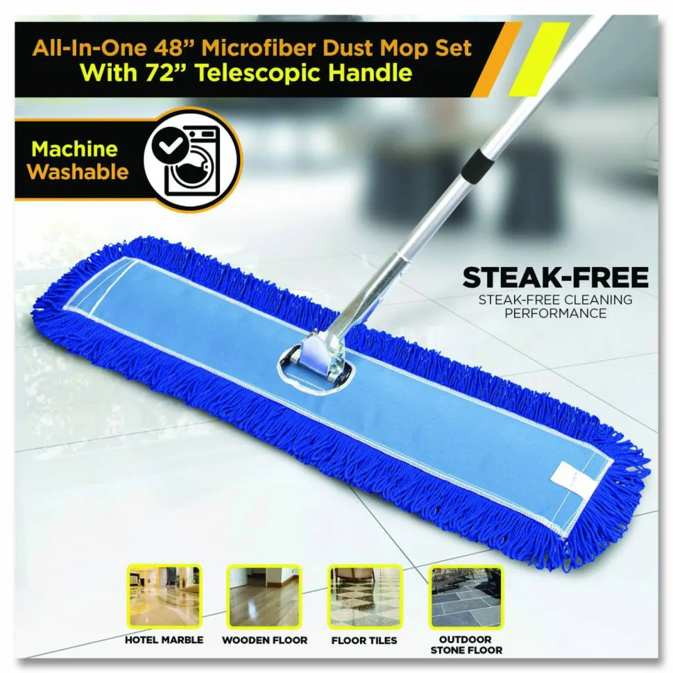 Gritt Commercial All-In-One Microfiber Dust Mop Set with Telescopic Handle, 48 x 5, Blue Microfiber Head, 72" Silver Aluminum Handle, 4/Kit