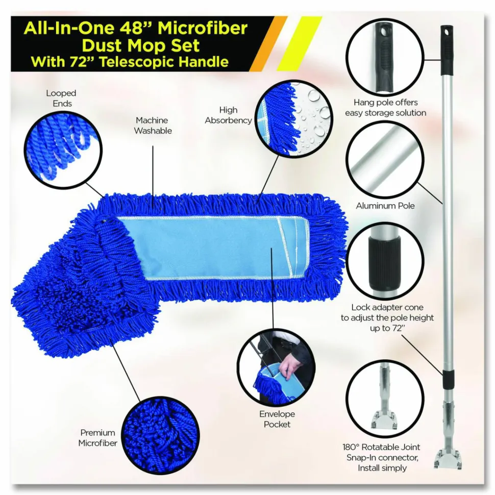 Gritt Commercial All-In-One Microfiber Dust Mop Set with Telescopic Handle, 48 x 5, Blue Microfiber Head, 72" Silver Aluminum Handle, 4/Kit