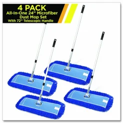 Gritt Commercial All-In-One 24" Microfiber Dust Mop Set With 72" Telescopic Handle, 24" x 5", Blue, Microfiber Head, 72" Silver Handle, 4 Kits