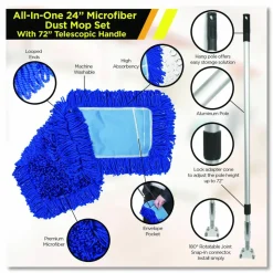 Gritt Commercial All-In-One Microfiber Dust Mop Set with Telescopic Handle, 60 x 5, Blue Microfiber Head, 72