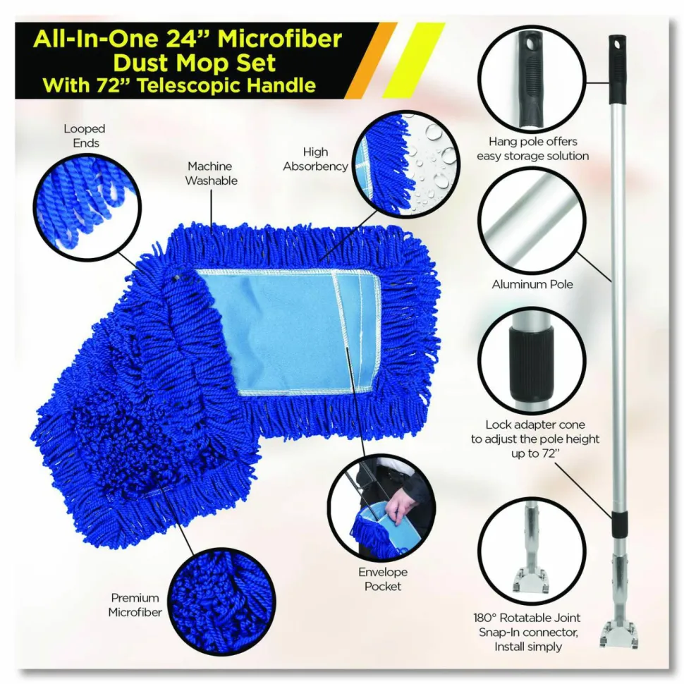 Gritt Commercial All-In-One Microfiber Dust Mop Set with Telescopic Handle, 60 x 5, Blue Microfiber Head, 72" Silver Aluminum Handle, 4/Kit