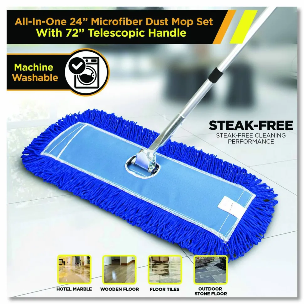 Gritt Commercial All-In-One Microfiber Dust Mop Set with Telescopic Handle, 60 x 5, Blue Microfiber Head, 72" Silver Aluminum Handle, 4/Kit