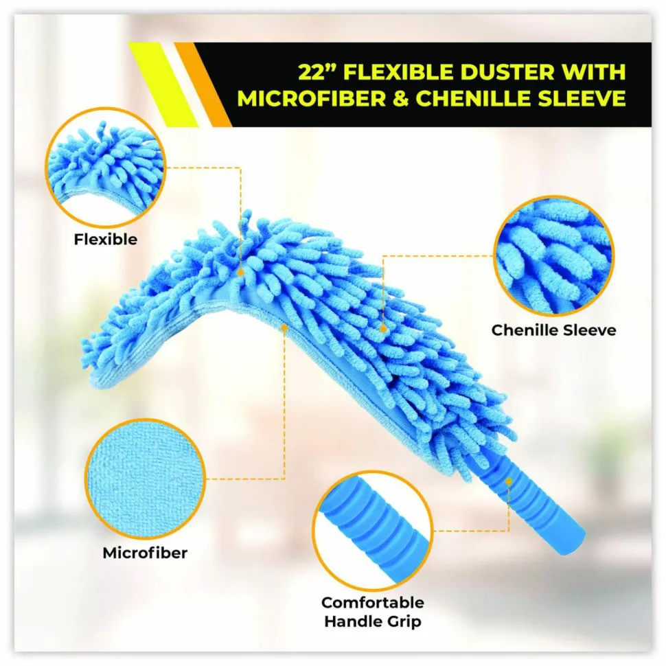 Gritt Commercial Flexible Wand Duster with Microfiber and Chenille Sleeve and 6 ft Telescopic Pole
