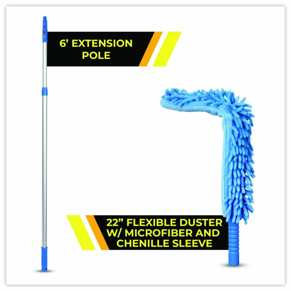 Gritt Commercial Flexible Wand Duster with Microfiber and Chenille Sleeve and 6 ft Telescopic Pole