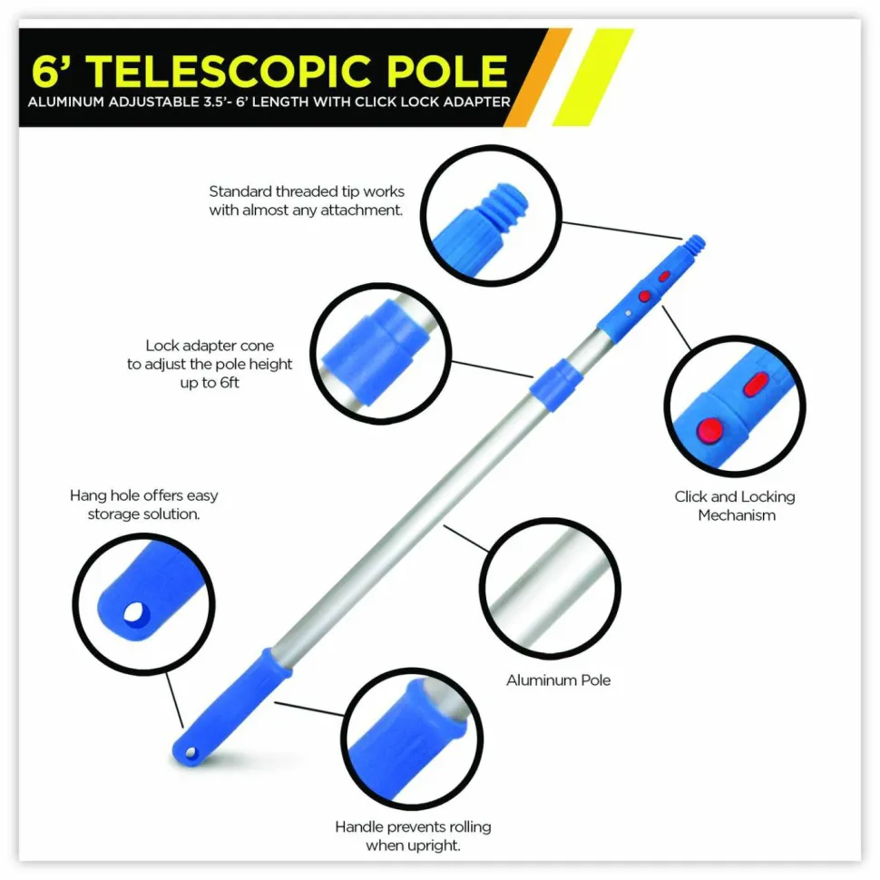Gritt Commercial 6 ft Telescopic Aluminum Extension Pole with Click/Lock Adapter Cone, 3.5 ft to 6 ft, Blue/Silver