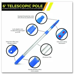 Gritt Commercial 6 ft Telescopic Aluminum Extension Pole with Click/Lock Adapter Cone, 3.5 ft to 6 ft, Blue/Silver, 2/Pack