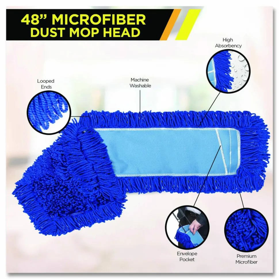 Gritt Commercial Microfiber Looped Dust Mop Pad Head, 48 x 5, Blue, 6/Pack