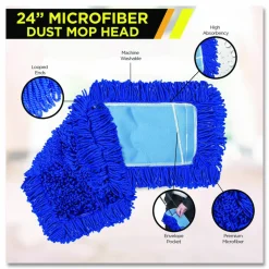 Gritt Commercial Microfiber Looped Dust Mop Pad Head, 24 x 5, Blue