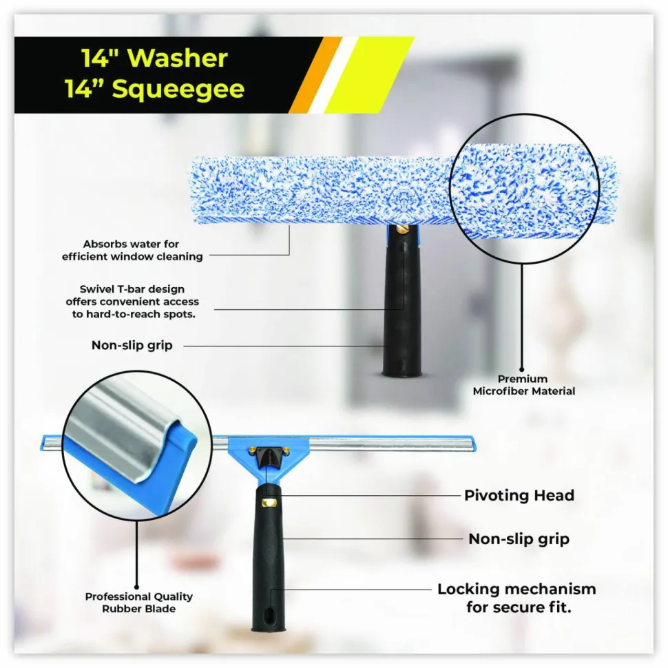 Gritt Commercial Pro Window Cleaning Kit with 14" Squeegee, 14" Washer, 20" Pole and 3 Gallon Heavy-Duty Bucket, 3/Kit