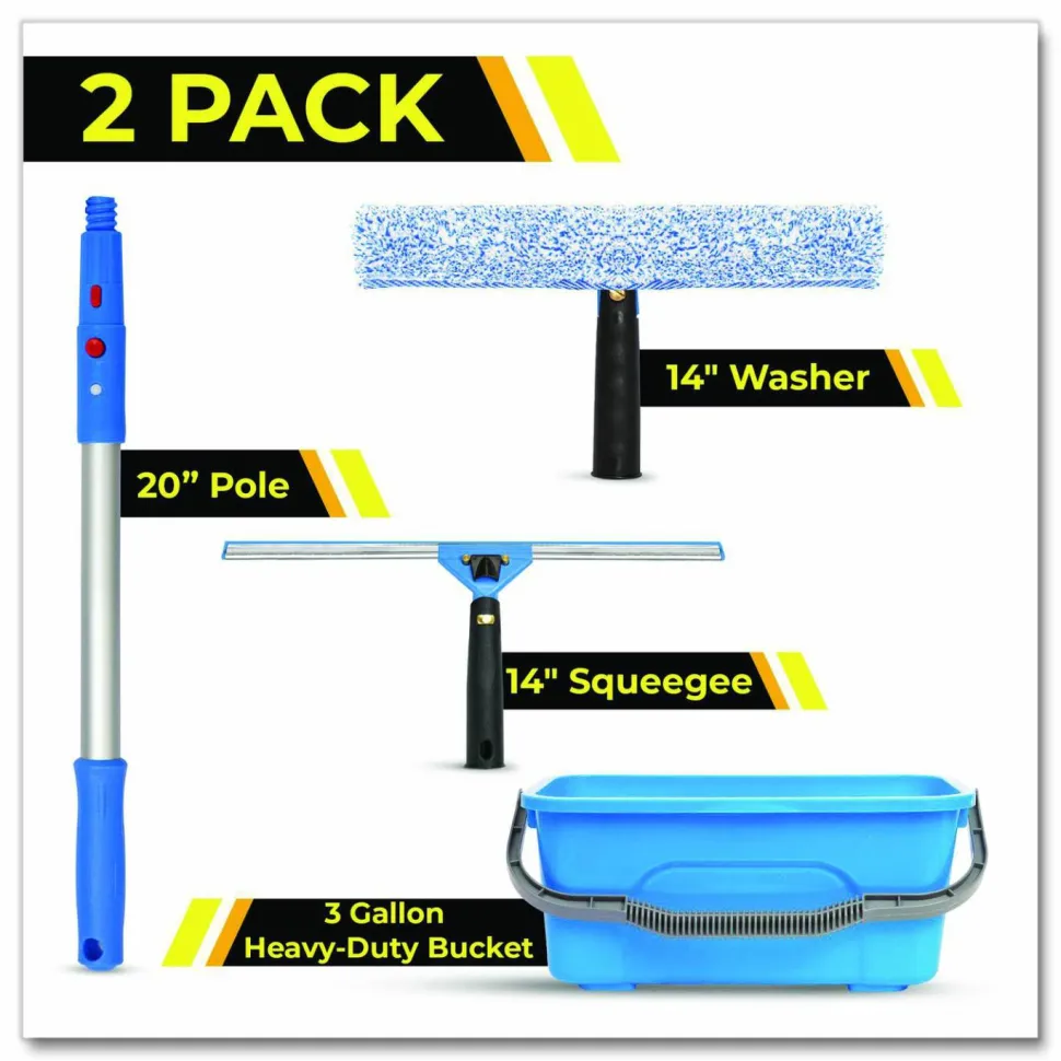 Gritt Commercial Pro Window Cleaning Kit with 14" Squeegee, 14" Washer, 20" Pole and 3 Gallon Heavy-Duty Bucket, 2/Kit