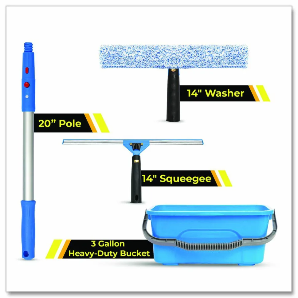 Gritt Commercial Pro Window Cleaning Kit with 14" Squeegee, 14" Washer, 20" Pole and 3 Gallon Heavy-Duty Bucket