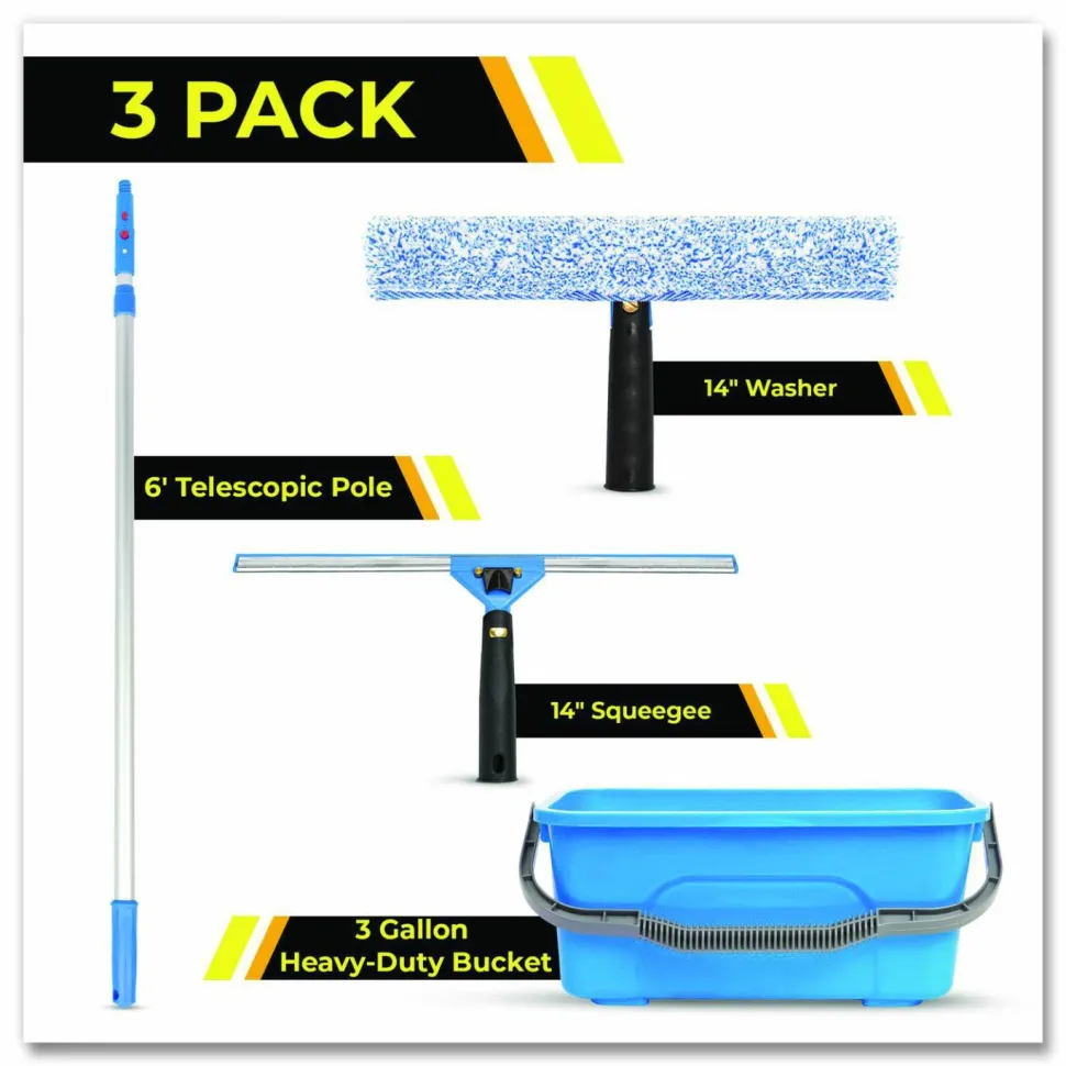 Gritt Commercial Pro Window Washing Kit with 14" Wide Blade Squeegee, Washer, 6 ft Telescopic Pole and 3 gal Heavy-Duty Bucket, 3/Kit