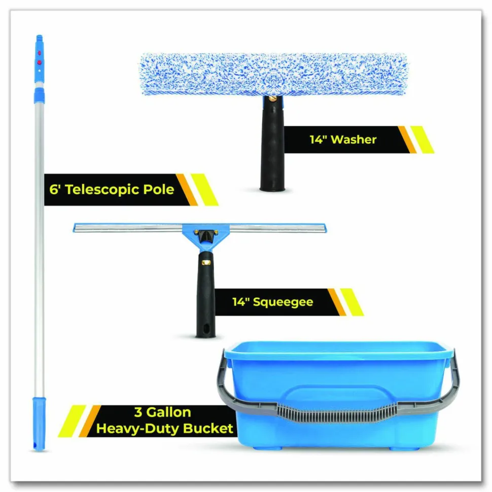 Gritt Commercial Pro Window Washing Kit with 14" Wide Blade Squeegee, Washer, 6 ft Telescopic Pole and 3 gal Heavy-Duty Bucket