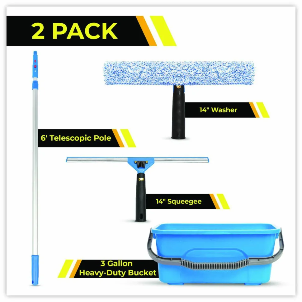 Gritt Commercial Pro Window Washing Kit with 14" Wide Blade Squeegee, Washer, 6 ft Telescopic Pole and 3 gal Heavy-Duty Bucket, 2/Kit