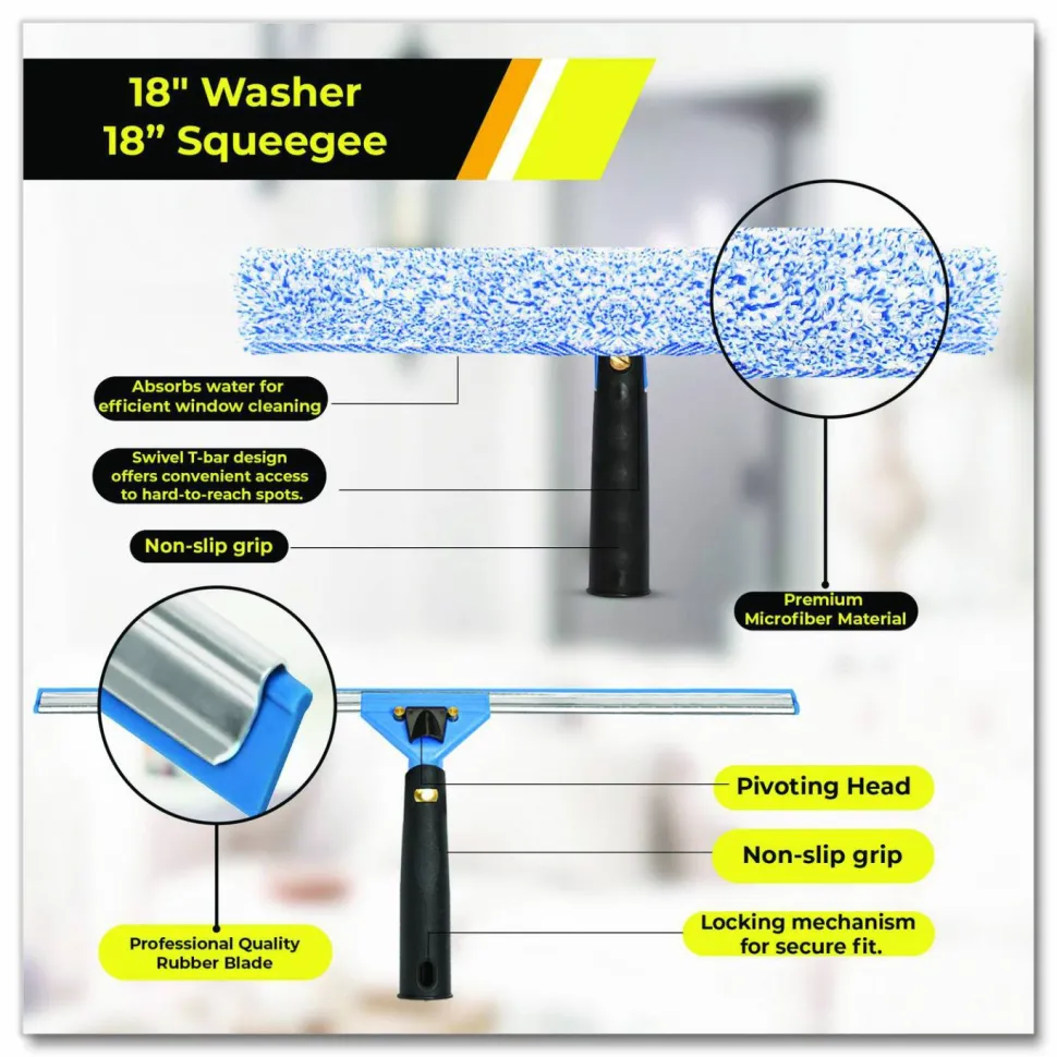 Gritt Commercial Pro Window Washing Kit with Squeegee, Washer and 20" Pole, 18" Blade, 3/Kit