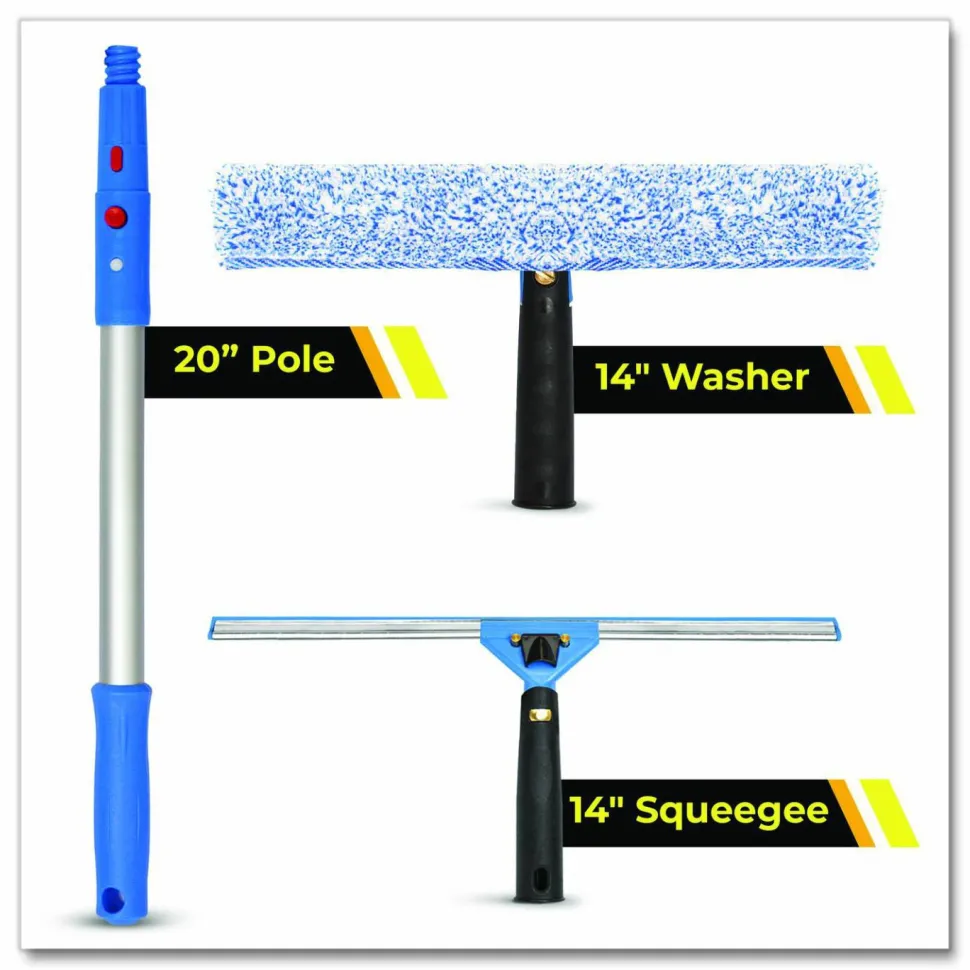 Gritt Commercial Pro Window Washing Kit with Squeegee, Washer and 20" Pole, 14" Wide Blade