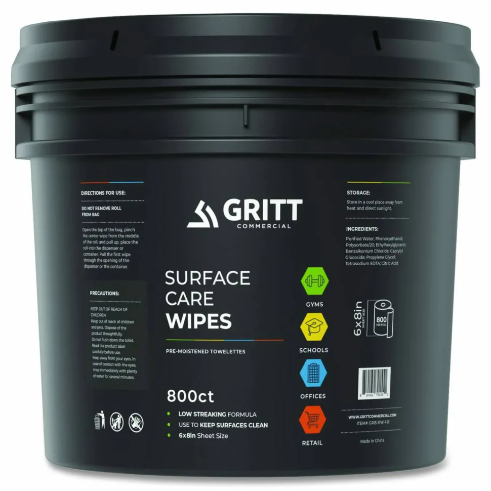 Gritt Commercial Surface Care Wipes, 1-Ply, 6 x 8, Fresh Scent, White, 800 Wipes/Bucket