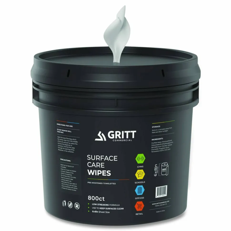 Gritt Commercial Surface Care Wipes, 1-Ply, 6 x 8, Fresh Scent, White, 800 Wipes/Bucket