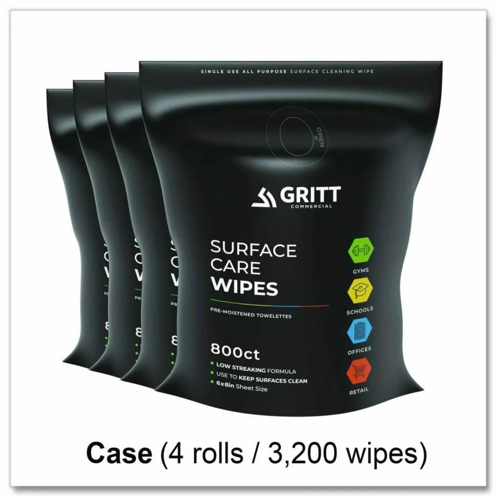 Gritt Commercial Surface Care Wipes, 1-Ply, 6 x 8, Fresh, White, 800/Pack, 4 Packs/Carton