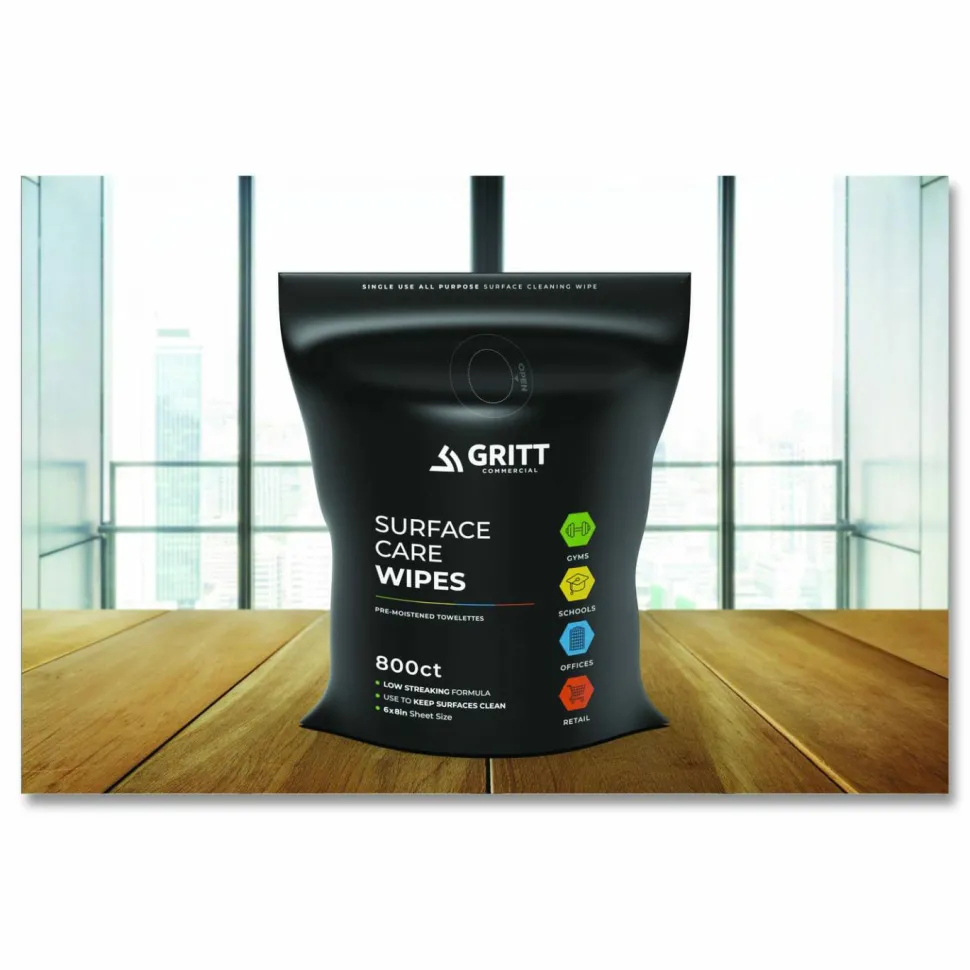 Gritt Commercial Surface Care Wipes, 1-Ply, 6 x 8, Fresh, White, 800/Pack, 4 Packs/Carton