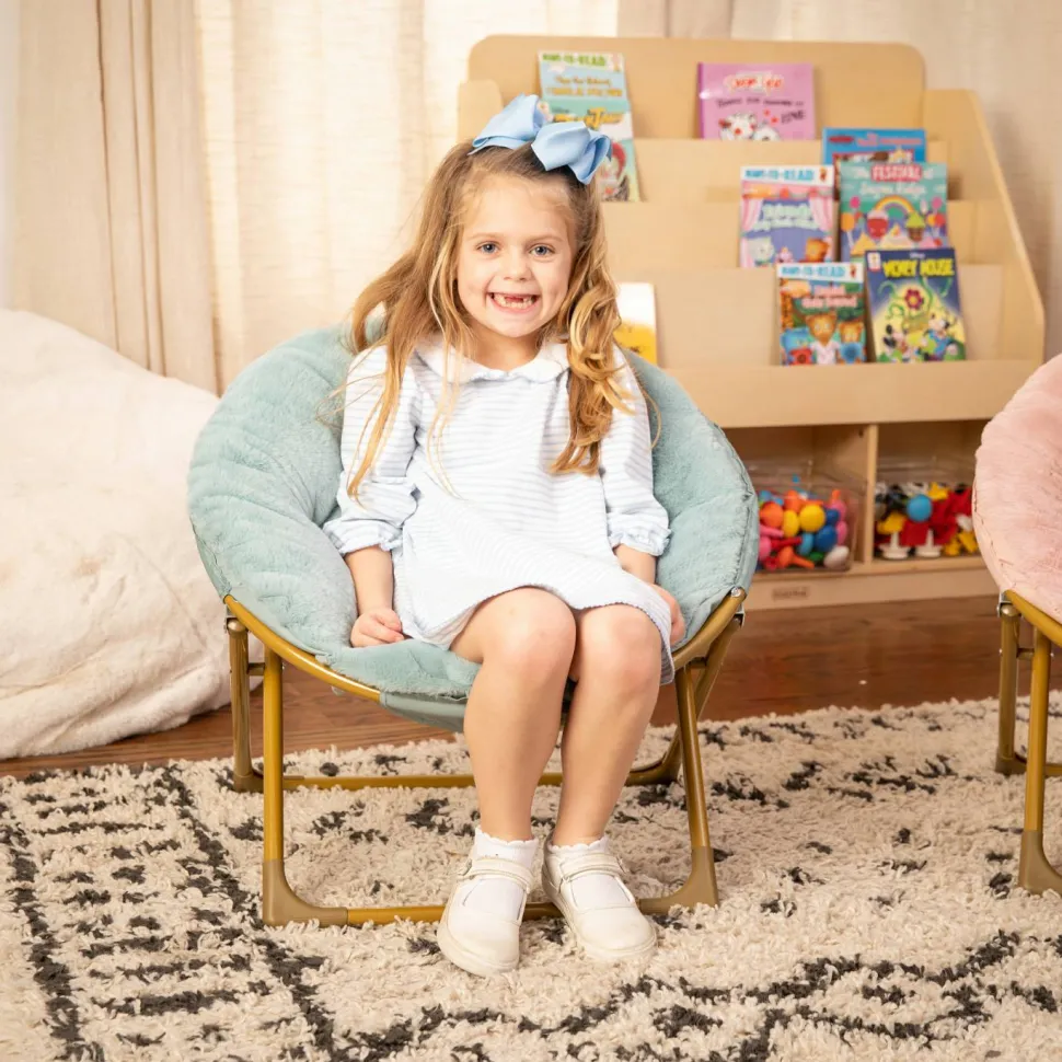 Gwen 23" Kids Cozy Mini Folding Saucer Chair, Faux Fur Moon Chair for Toddlers and Bedroom, Dusty Aqua/Soft Gold