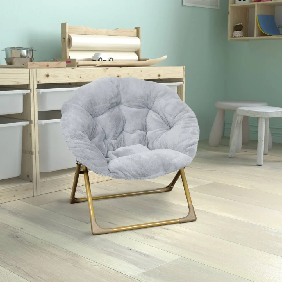 Gwen 23" Kids Cozy Mini Folding Saucer Chair, Faux Fur Moon Chair for Toddlers and Bedroom, Gray/Soft Gold