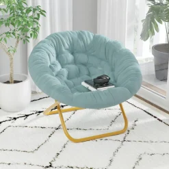 Gwen 38" Oversize Portable Faux Fur Folding Saucer Moon Chair for Dorm and Bedroom, Dusty Aqua Faux Fur/Soft Gold Frame