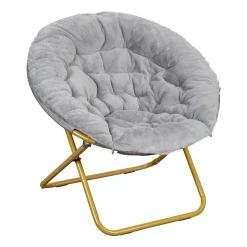 Gwen 38" Oversize Portable Faux Fur Folding Saucer Moon Chair for Dorm and Bedroom, Gray Faux Fur/Soft Gold Frame