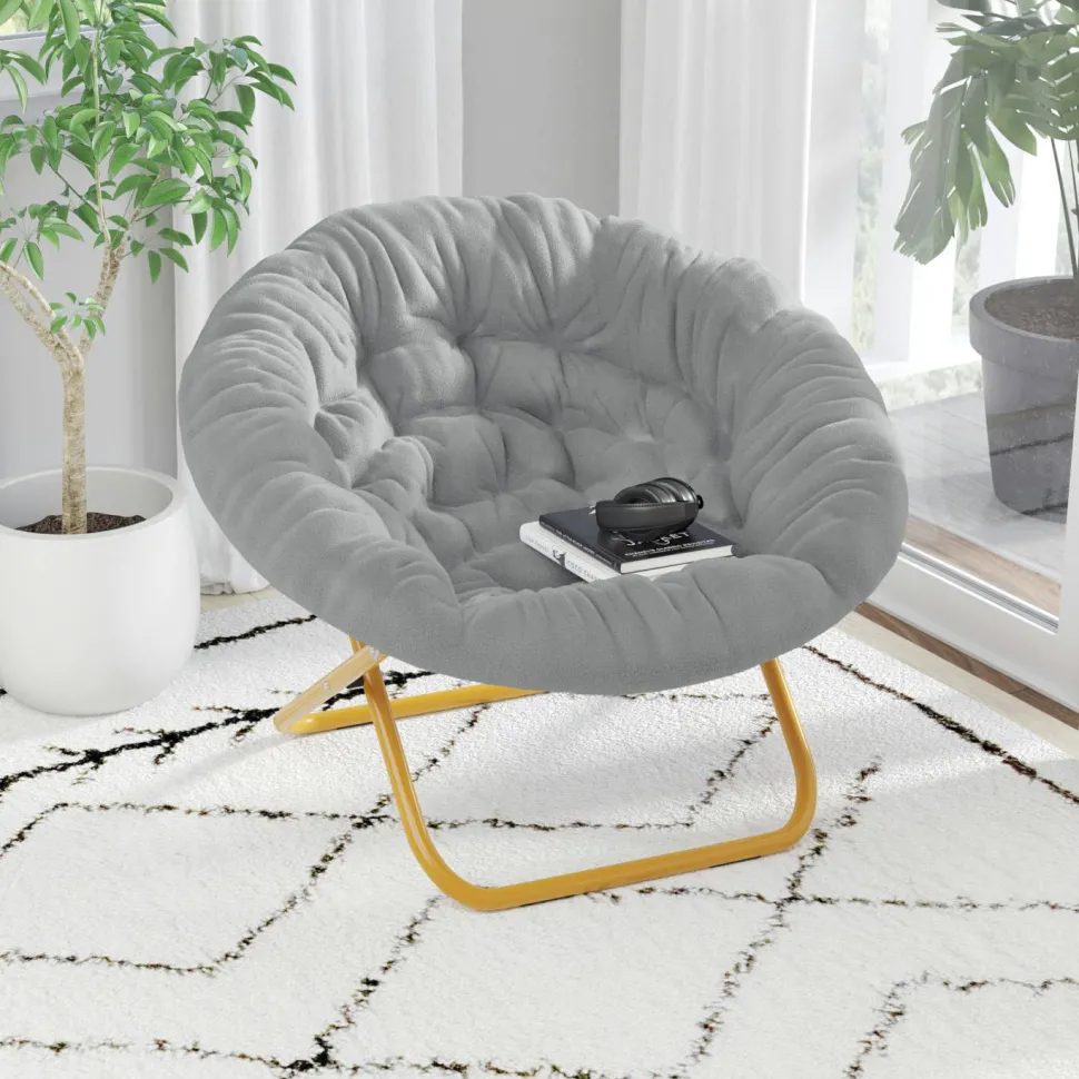 Gwen 38" Oversize Portable Faux Fur Folding Saucer Moon Chair for Dorm and Bedroom, Gray Faux Fur/Soft Gold Frame
