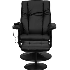 Hall Massaging Heat Controlled Adjustable Recliner and Ottoman with Wrapped Base in Black LeatherSoft