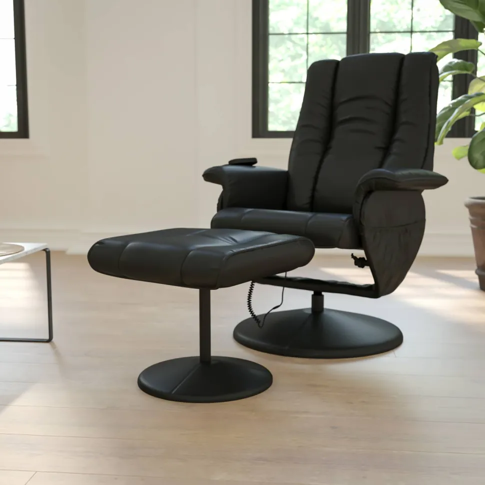 Hall Massaging Heat Controlled Adjustable Recliner and Ottoman with Wrapped Base in Black LeatherSoft