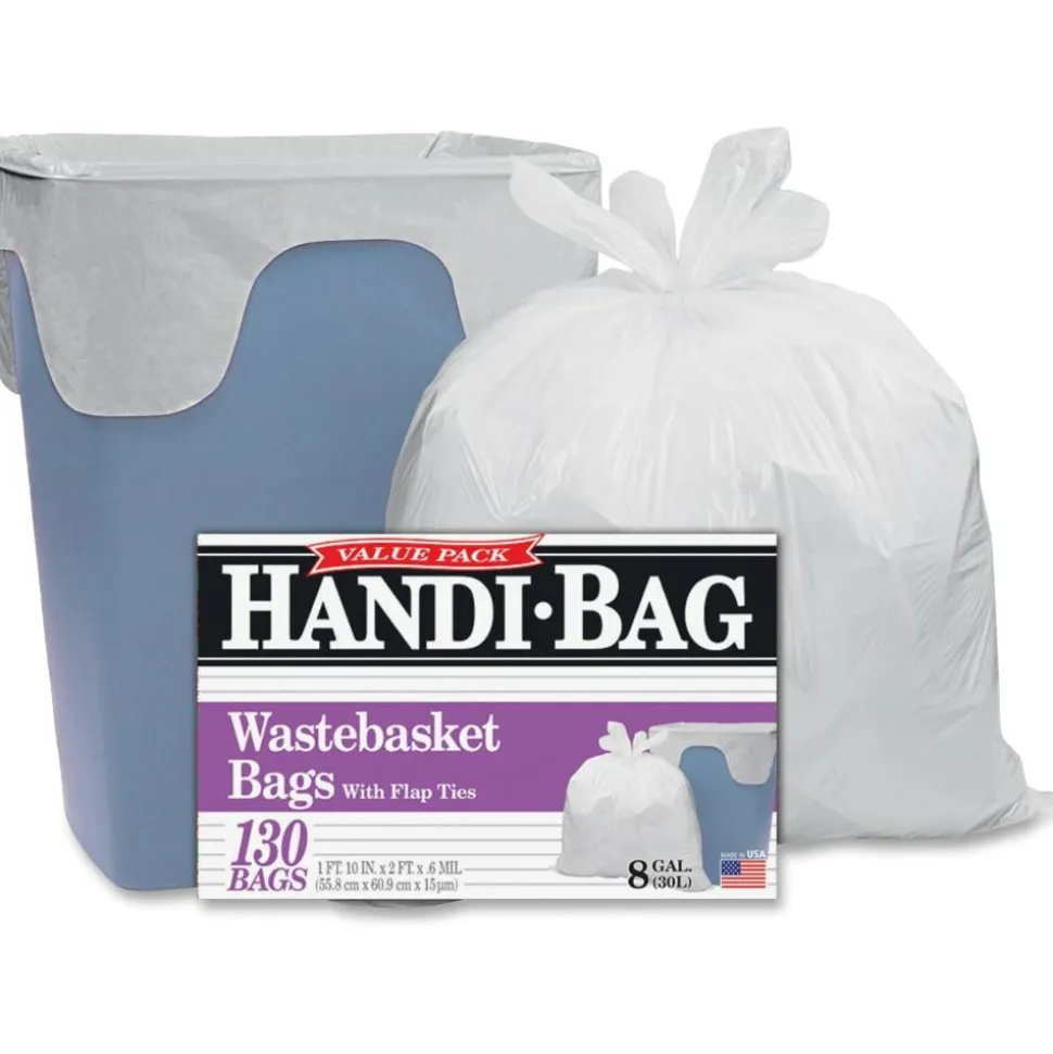 Handi-Bag Super Value Pack Can Liners, 8 gal, 0.6 mil, 22" x 24", White, 130/Box
