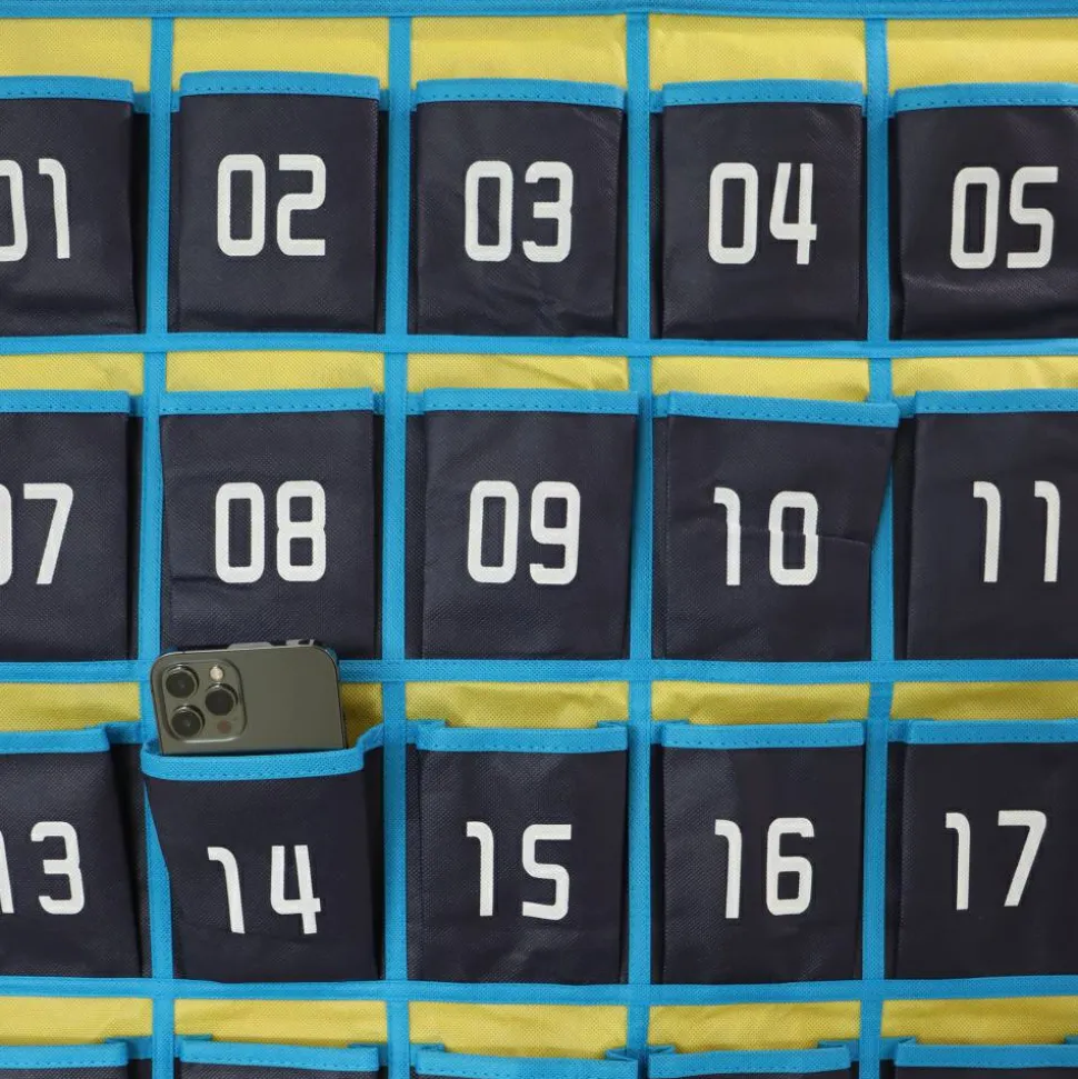 Hanging 36-Pocket Cell Phone Storage Classroom Organizer, 37-13/16” x 26-7/16”, Blue/Yellow