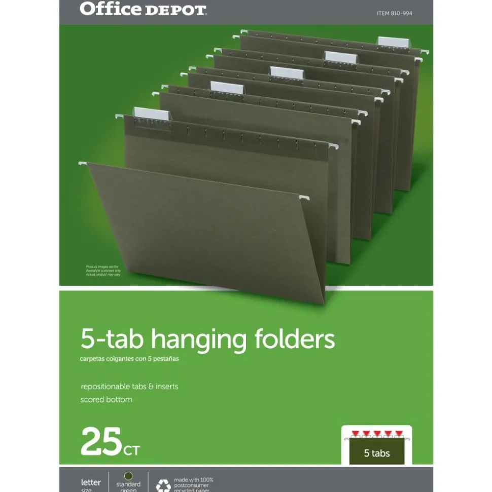 Hanging Folders, 1/5 Cut, Letter Size, 100% Recycled, Green, Pack Of 25