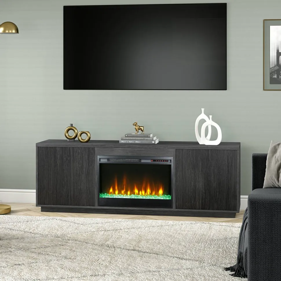 Hanson Rectangular TV Stand with 26" Crystal Fireplace for TV's up to 75" in Alder White