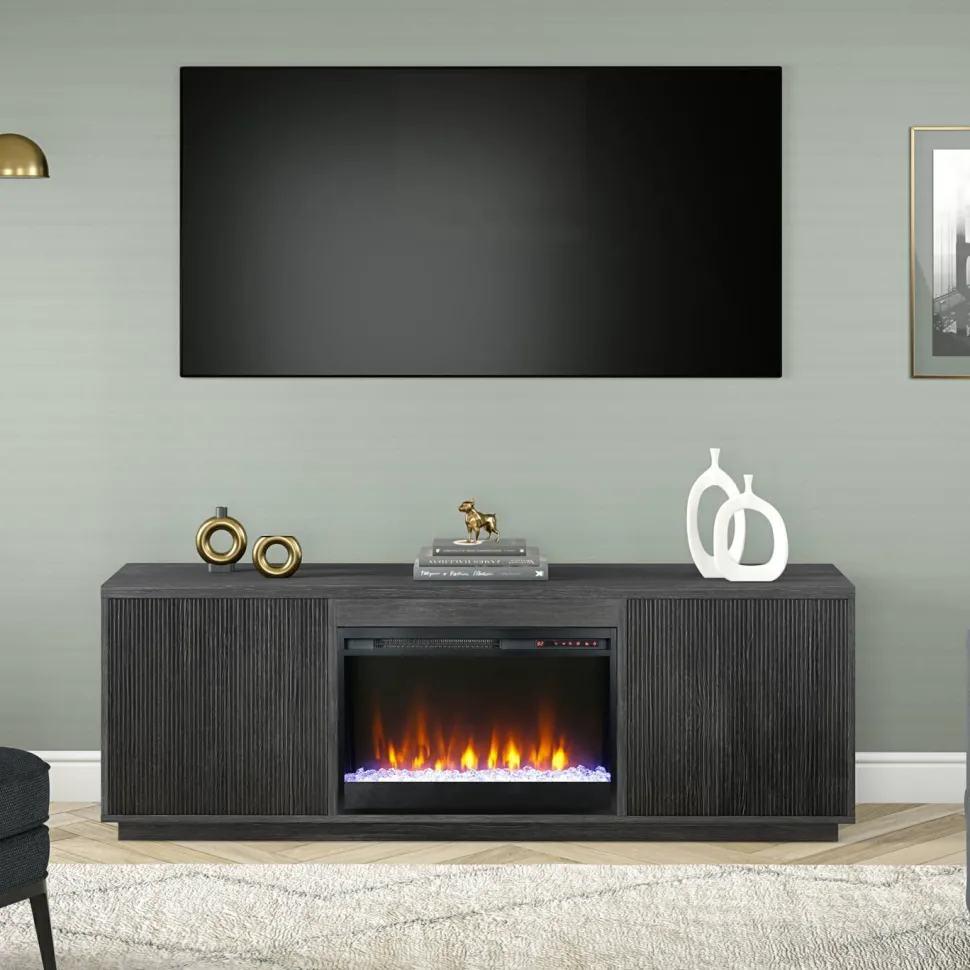 Hanson Rectangular TV Stand with 26" Crystal Fireplace for TV's up to 75" in Alder White