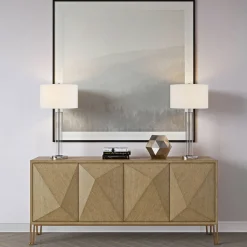 Harlow 29" Tall Table Lamp with Fabric Shade in Clear Glass/Polished Nickel/White