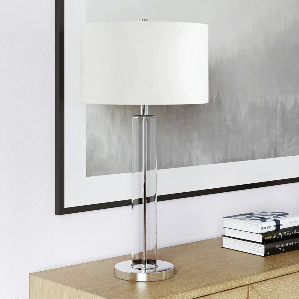 Harlow 29" Tall Table Lamp with Fabric Shade in Clear Glass/Polished Nickel/White