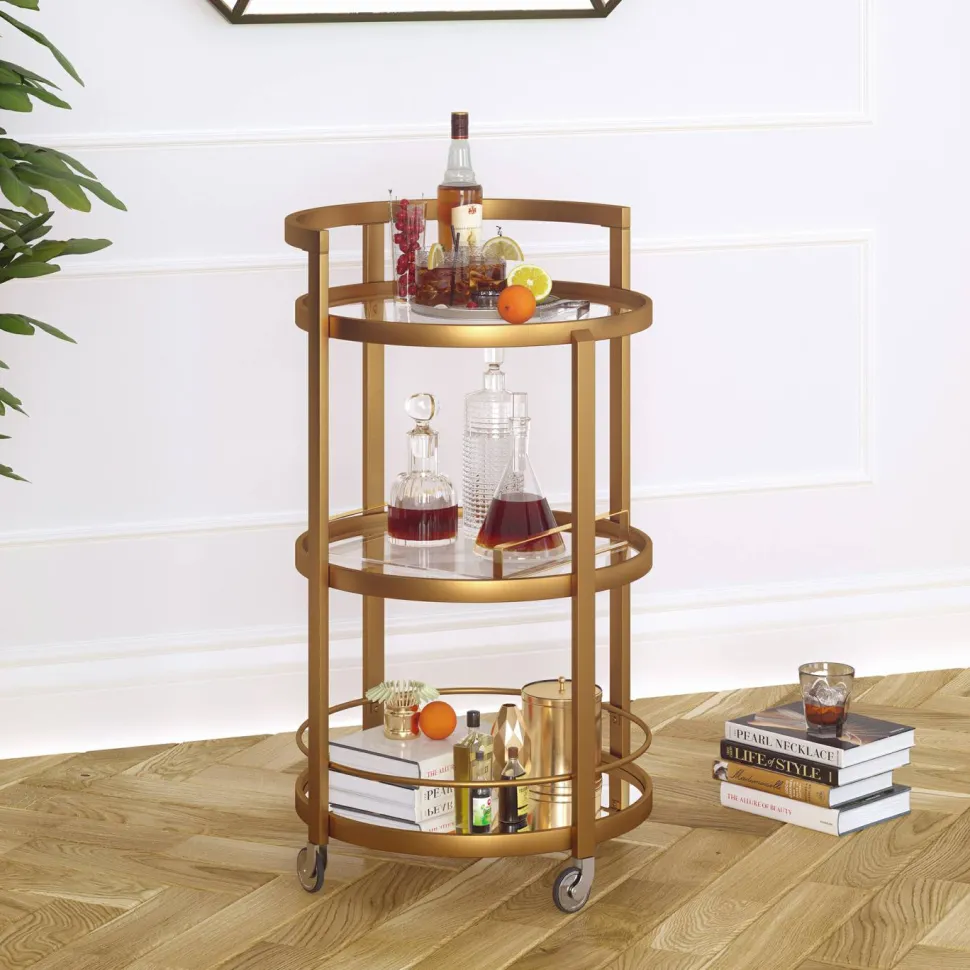 Hause 21" Wide Round Bar Cart in Brass