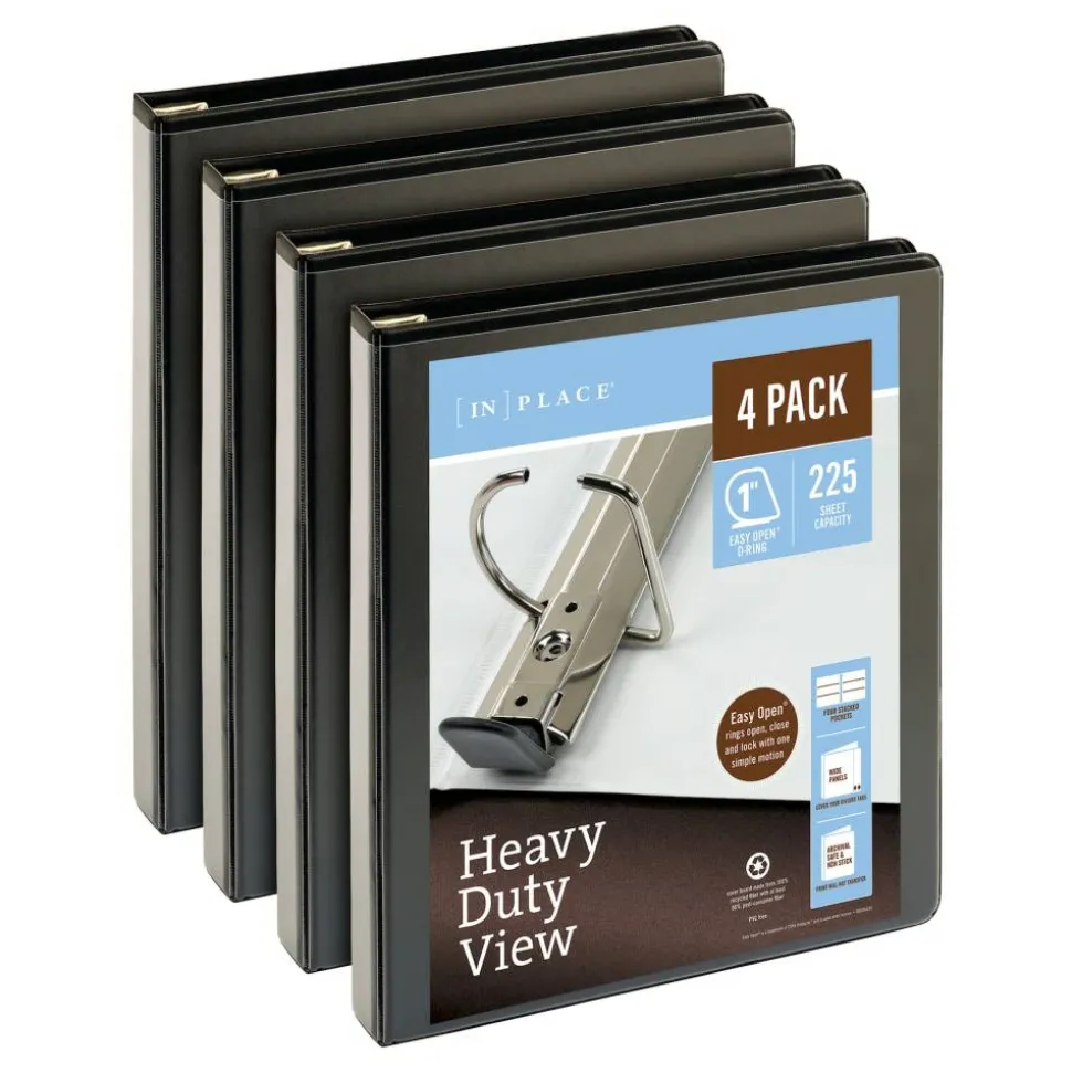 Heavy-Duty View 3-Ring Binder, 1" D-Rings, Black, 49% Recycled, Pack Of 4
