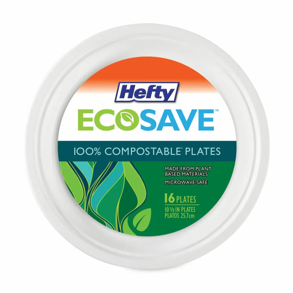 Hefty ECOSAVE Tableware, Plate, Sugarcane, 6.75" dia, White, 30/Pack, 12 Packs/Carton