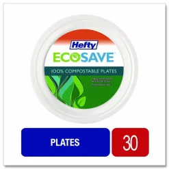 Hefty ECOSAVE Tableware, Plate, Sugarcane, 6.75" dia, White, 30/Pack