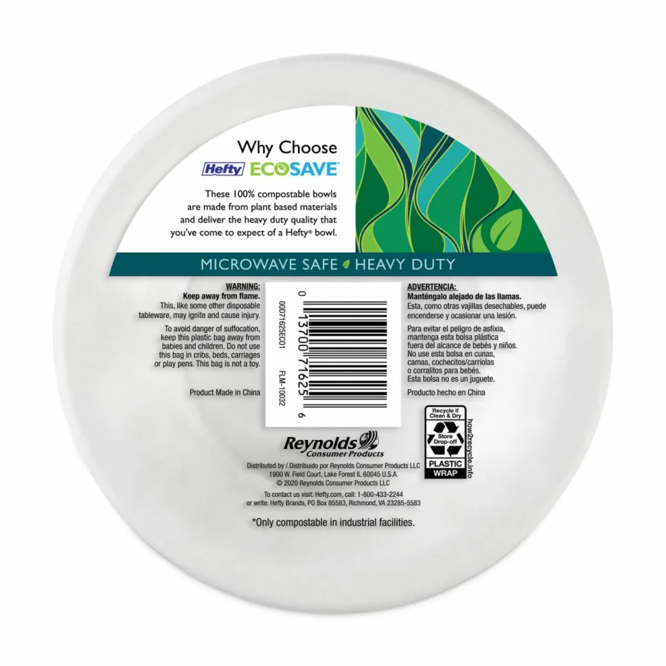 Hefty ECOSAVE Tableware, Plate, Sugarcane, 6.75" dia, White, 30/Pack