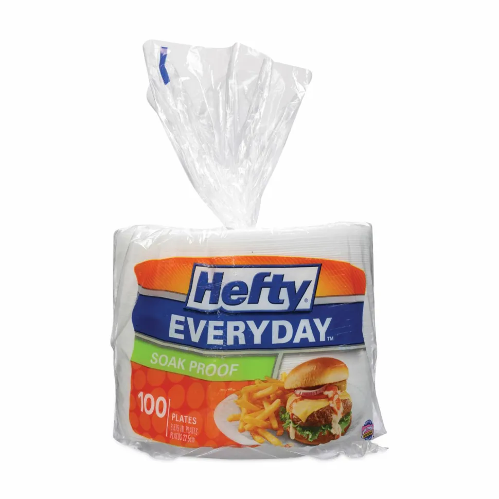Hefty Soak Proof Tableware, Plate, Foam, 8.88" dia, White, 100/Pack, 6 Packs/Carton