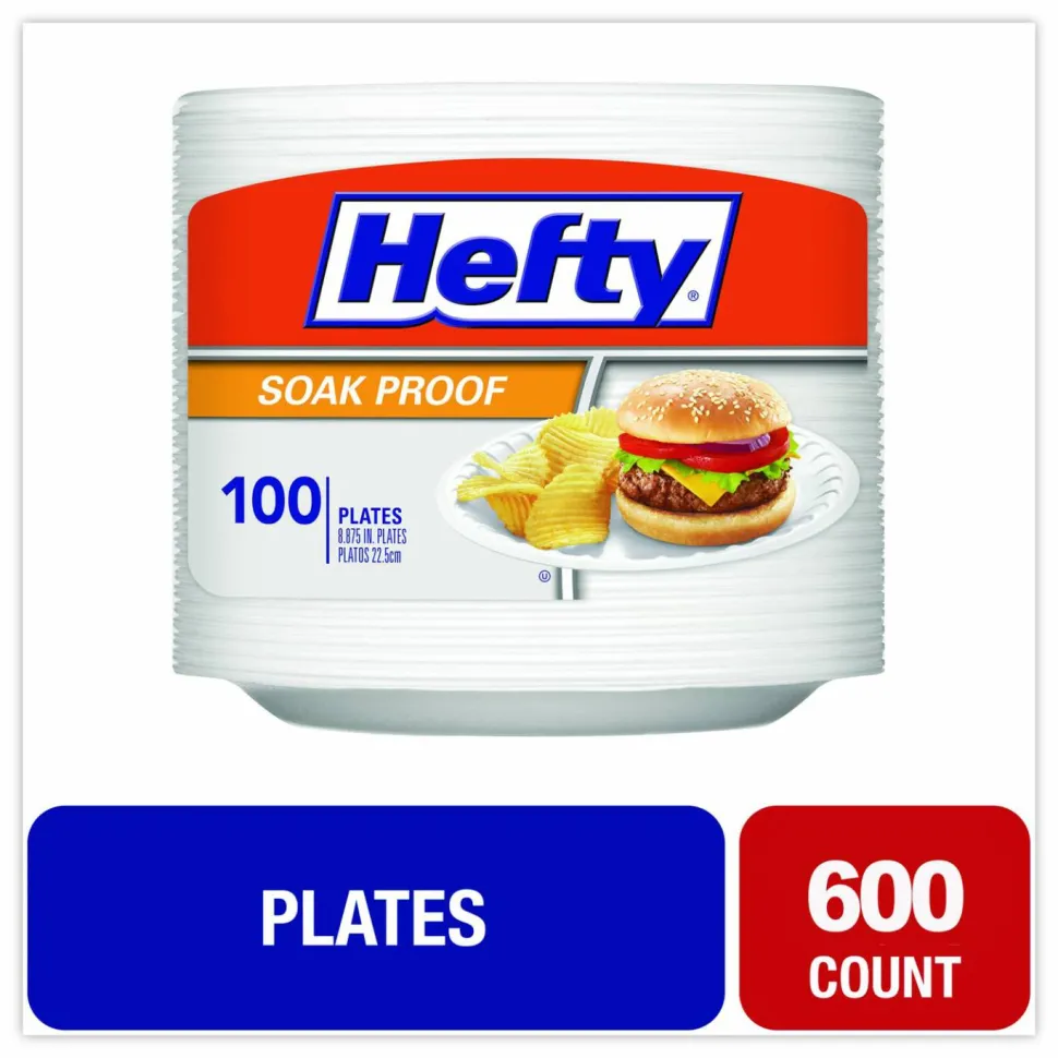 Hefty Soak Proof Tableware, Plate, Foam, 8.88" dia, White, 100/Pack, 6 Packs/Carton