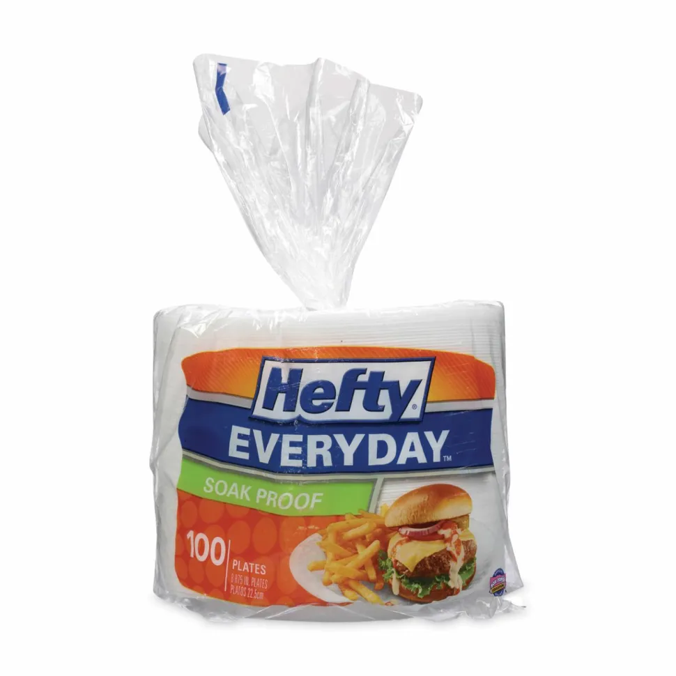 Hefty Soak Proof Tableware, Plate, Foam, 8.88" dia, White, 100/Pack